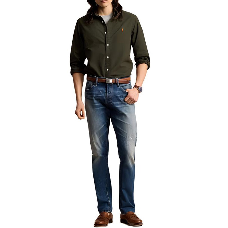 Lookbook Polo Ralph Lauren FW24 男士橄欖綠刺繡標誌寬鬆長袖襯衫 MNPOWOV16823843-300