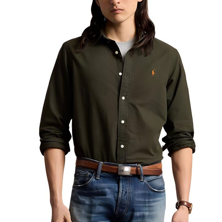 Shop Polo Ralph Lauren FW24 男士橄欖綠刺繡標誌寬鬆長袖襯衫 MNPOWOV16823843-300