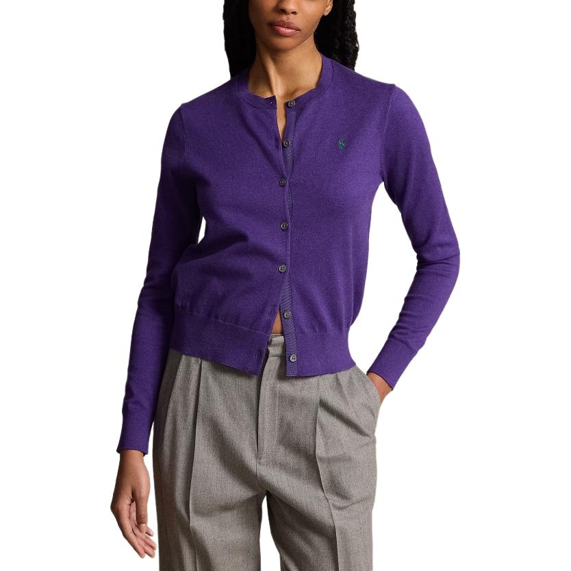 Lookbook Polo Ralph Lauren FW24 Kardigan Rajut Ungu Wanita dengan Bordir Logo. WMPOSWENDW20295-500