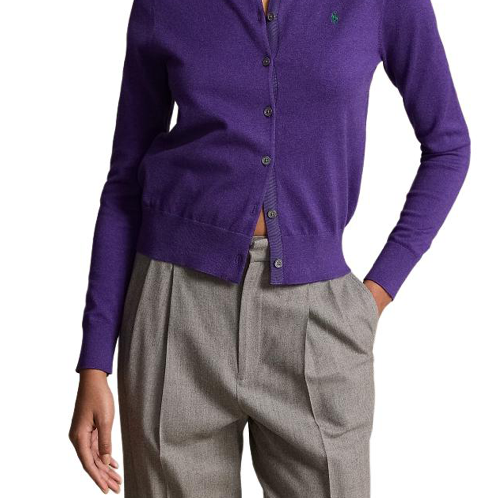 Sizing Polo Ralph Lauren FW24 Kardigan Rajut Ungu Wanita dengan Bordir Logo. WMPOSWENDW20295-500