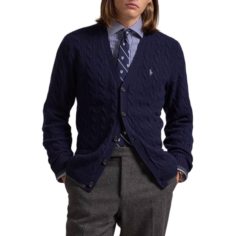 Polo Ralph Lauren FW24 Solid Cable Knit Cardigan Sweater Men Hunter Navy 710949808001 圖 4