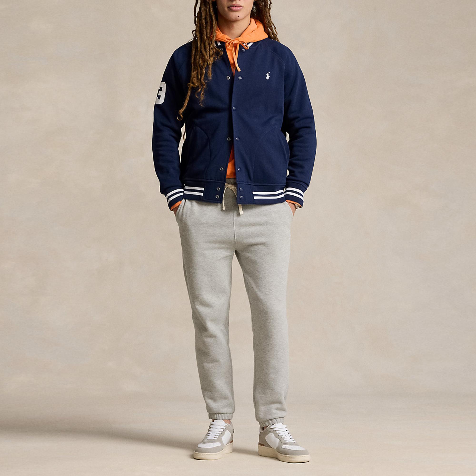 Lookbook Polo Ralph Lauren FW24 条纹标志棒球领海军蓝夹克 710935535-001