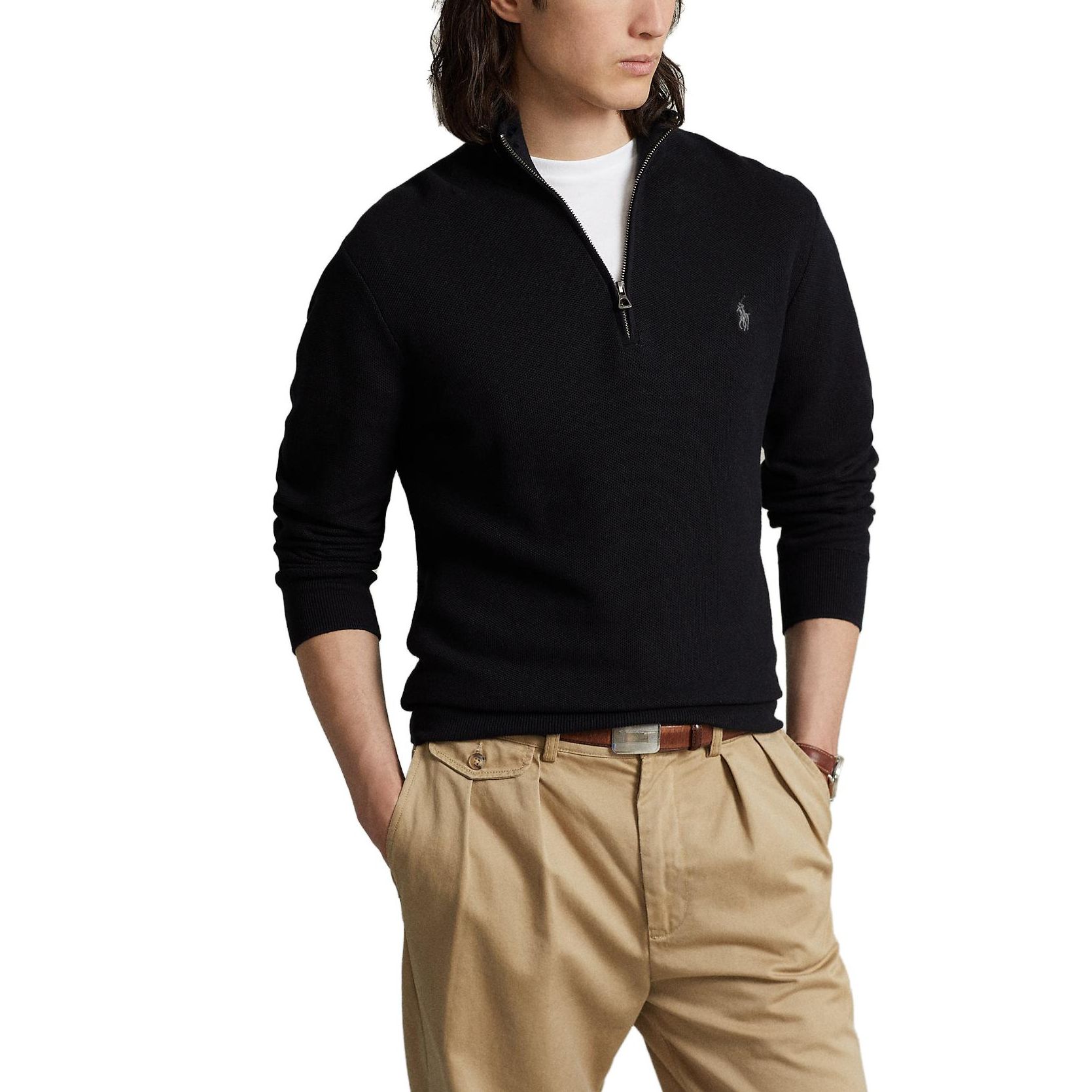 Lookbook Polo Ralph Lauren 男士黑色半拉鍊毛衣，附刺繡標志設計 710697637-023