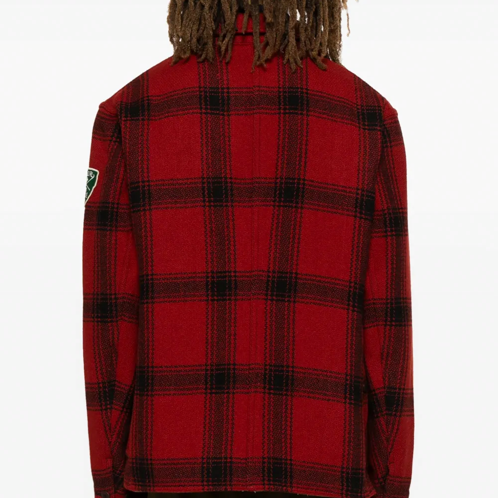 Shop Polo Ralph Lauren 格紋Logo徽章單排扣外套 紅色 710949232-001