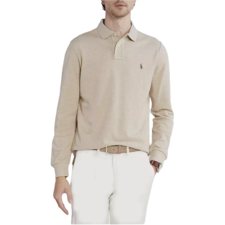 Shop Polo Ralph Lauren Slim Fit Embroidered Long Sleeve Polo Shirt Sand Dune Mens. MNPOKNI16823992-020