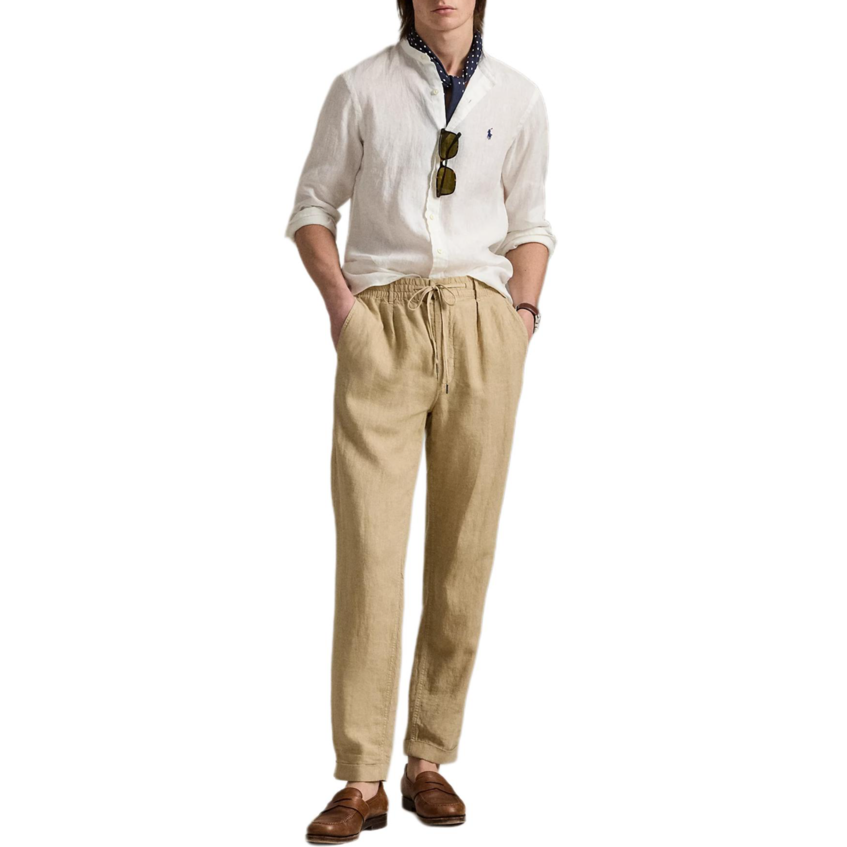 Shop Polo Ralph Lauren 修身版長袖亞麻襯衫 白色 710968925-006