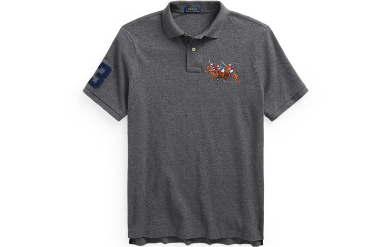 Polo Ralph Lauren Slim Fit Triple Pony Logo Short Sleeve Polo Shirt Grey Mens. MNPOKNI1N821-453