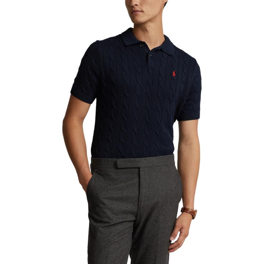 Shop Polo Ralph Lauren 經典刺繡小馬深藍色電繡針織短袖POLO衫 T恤 MNPOSWE1N820014-400