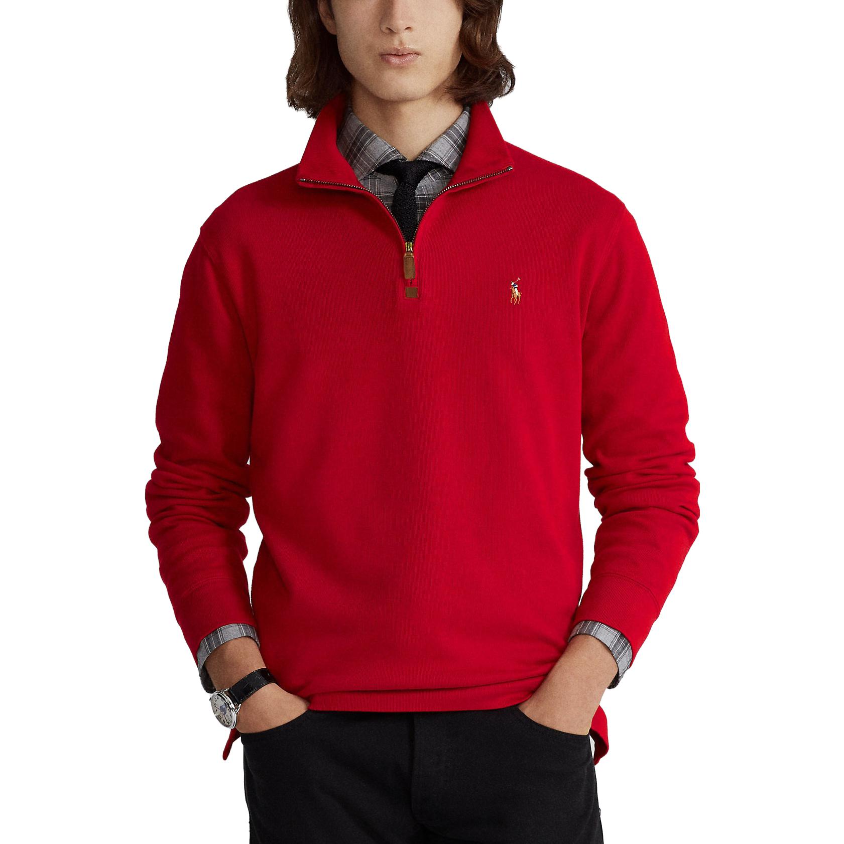 Lookbook 폴로 랄프 로렌 로고 자수 하프 집업 스웻셔츠 레드 남성용. 710857073-018