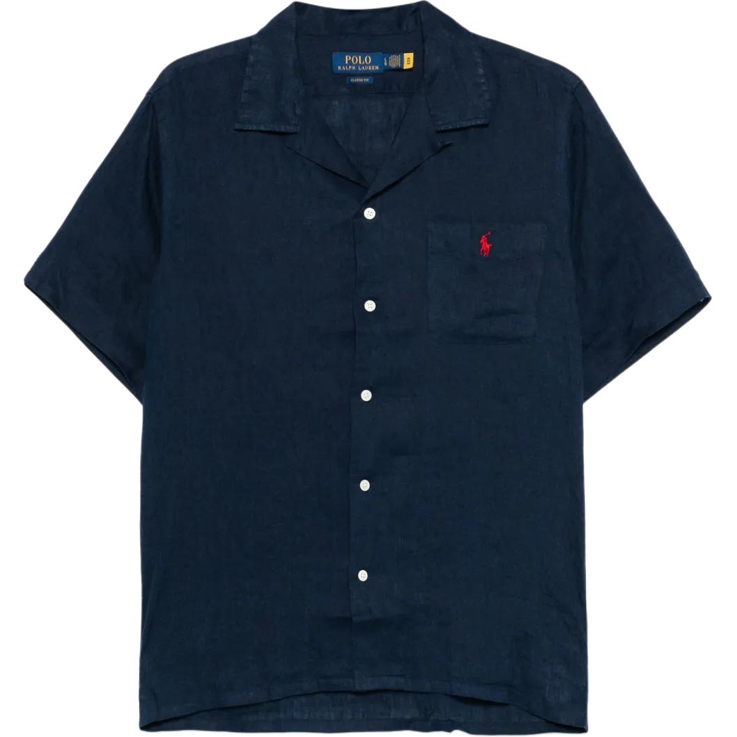 Polo Ralph Lauren Solid Logo Cuban Collar Loose Short Sleeve Shirt Navy Blue Mens. 710966421-001