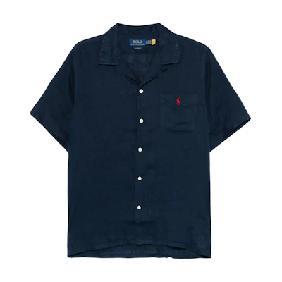 Polo Ralph Lauren Solid Logo Cuban Collar Loose Short Sleeve Shirt Navy Blue Mens. 710966421-001