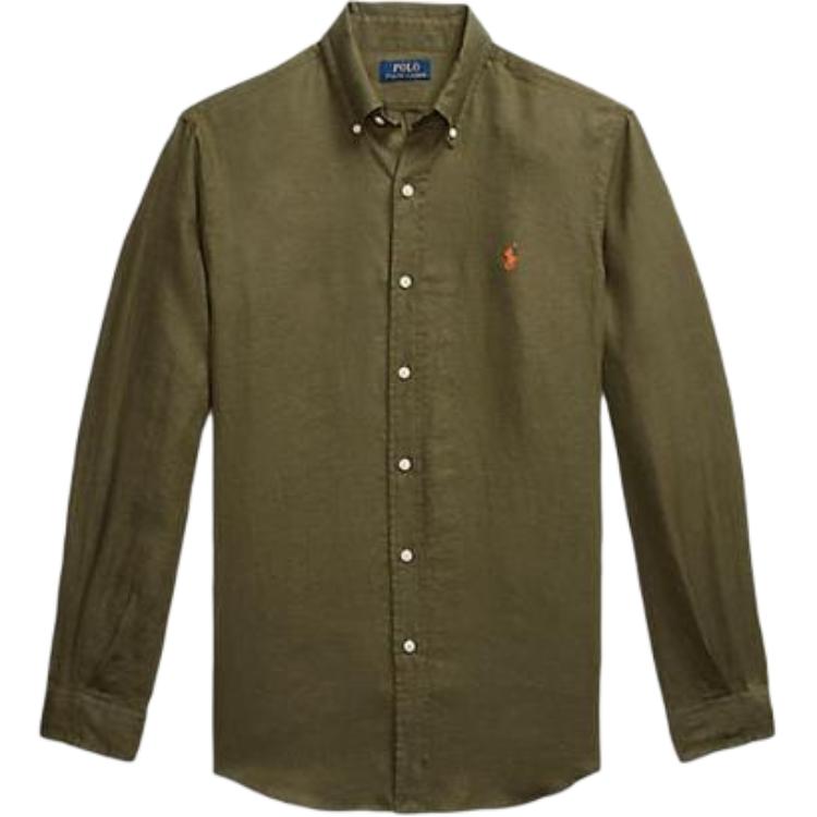 Order Polo Ralph Lauren Solid Logo Olive Green Long Sleeve Loose Fit Shirt for Men. 710791449033