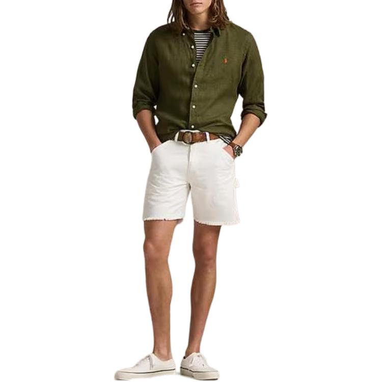 Lookbook Polo Ralph Lauren Solid Logo Olive Green Long Sleeve Loose Fit Shirt for Men. 710791449033