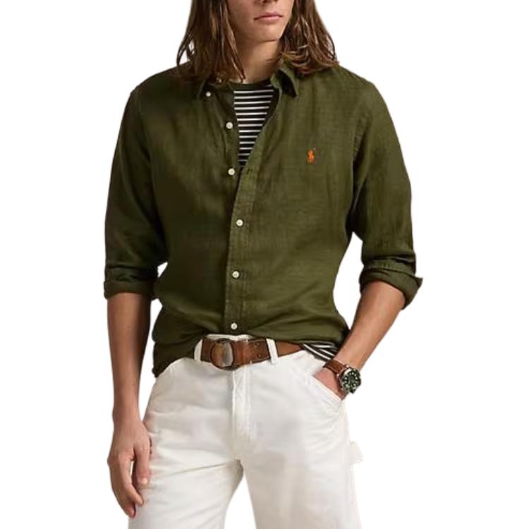 Shop Polo Ralph Lauren Solid Logo Olive Green Long Sleeve Loose Fit Shirt for Men. 710791449033