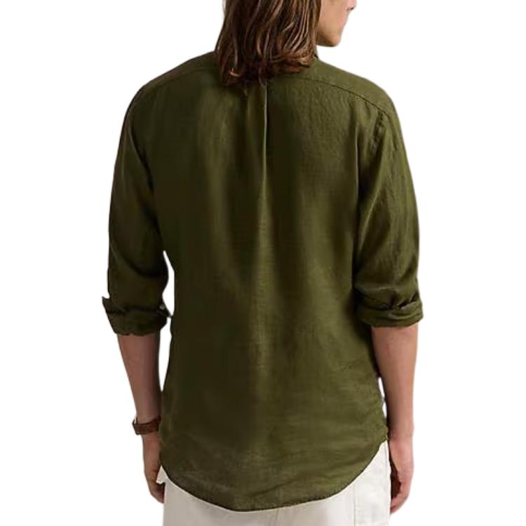 Purchase Polo Ralph Lauren Solid Logo Olive Green Long Sleeve Loose Fit Shirt for Men. 710791449033