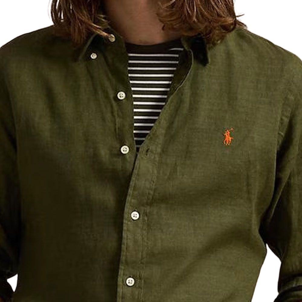 Details for Polo Ralph Lauren Solid Logo Olive Green Long Sleeve Loose Fit Shirt for Men. 710791449033