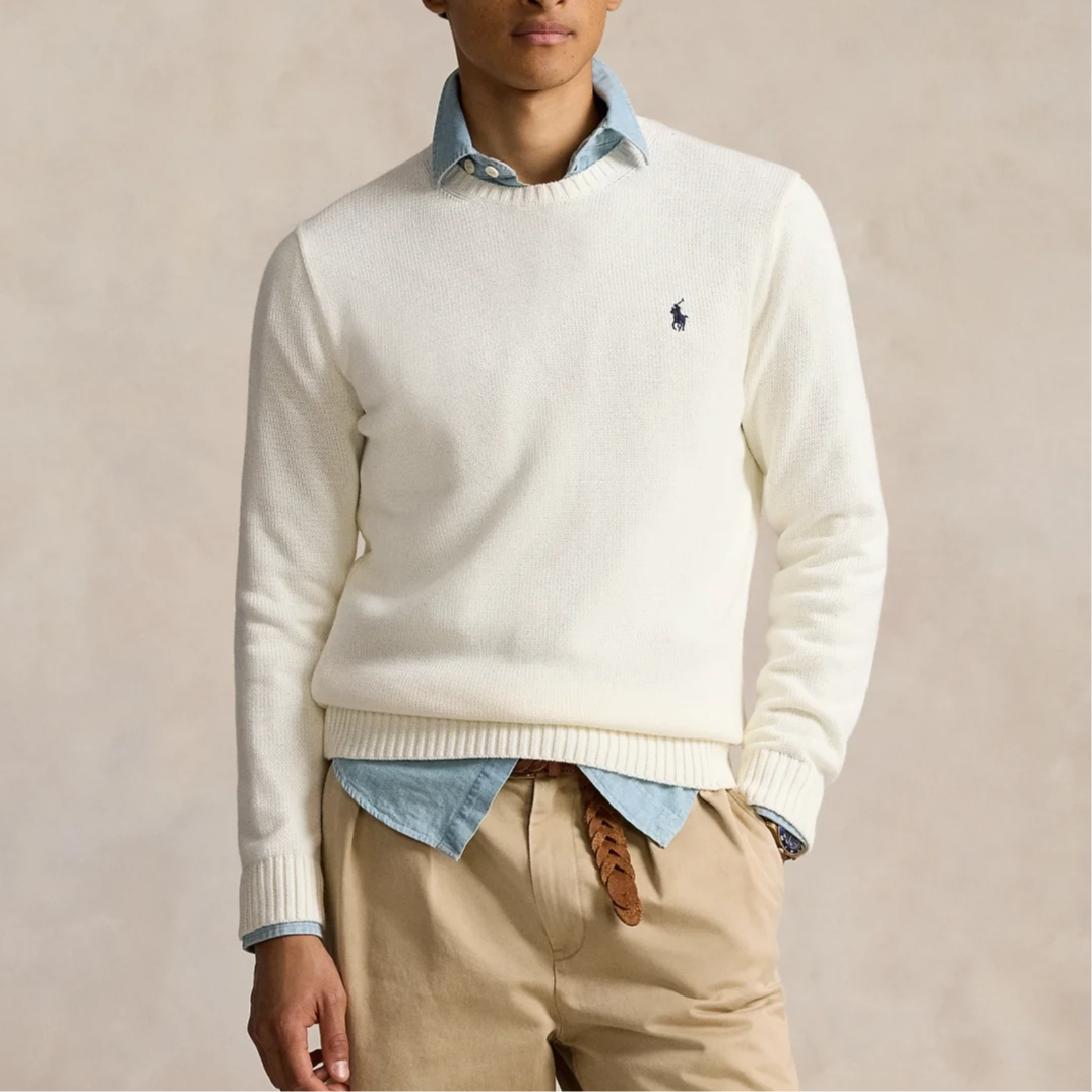 Shop Polo Ralph Lauren 刺绣小马标白色长袖圆领针织衫 MNPOSWE16822014