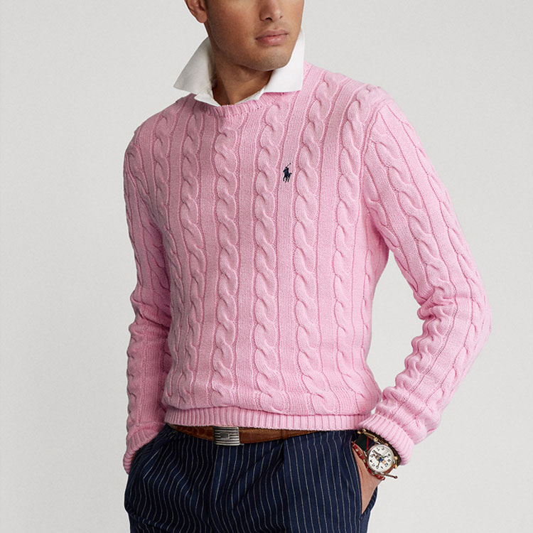 Shop Polo Ralph Lauren SS21粉色棉质麻花针织圆领毛衣男款。 MNPOSWE16820684-650