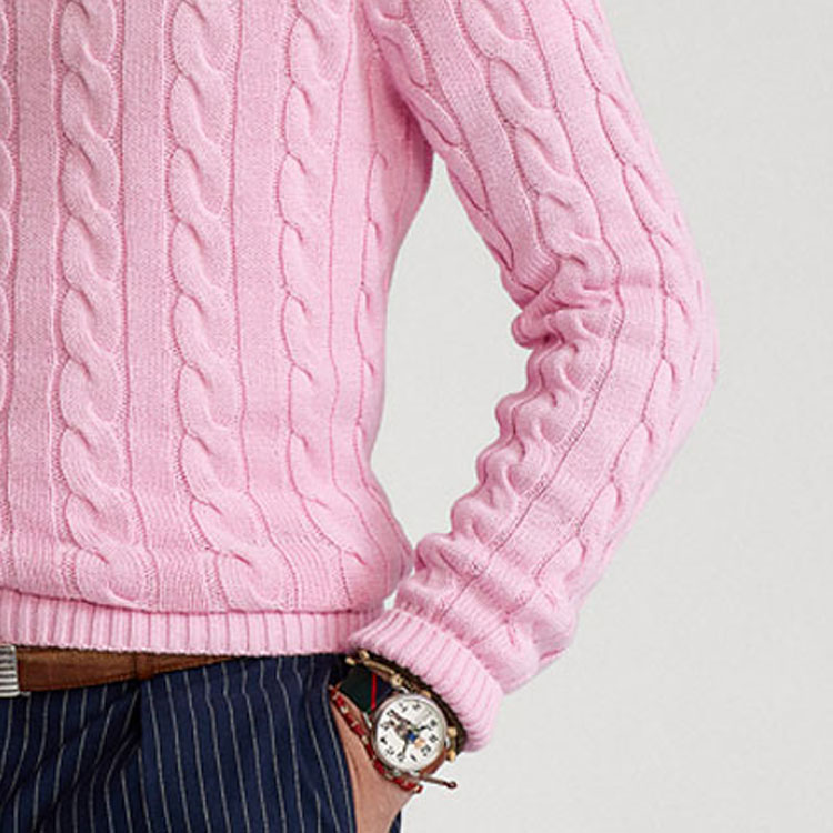 Sizing Polo Ralph Lauren SS21粉色棉质麻花针织圆领毛衣男款。 MNPOSWE16820684-650