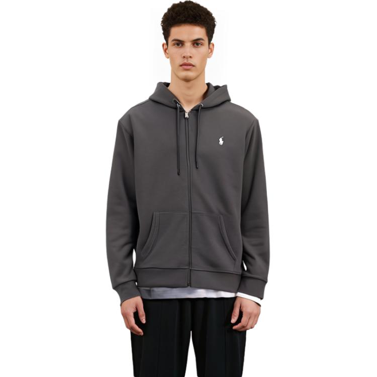 Shop Polo Ralph Lauren SS22 黑色刺绣标志拉链连帽外套上衣. 710652313-001