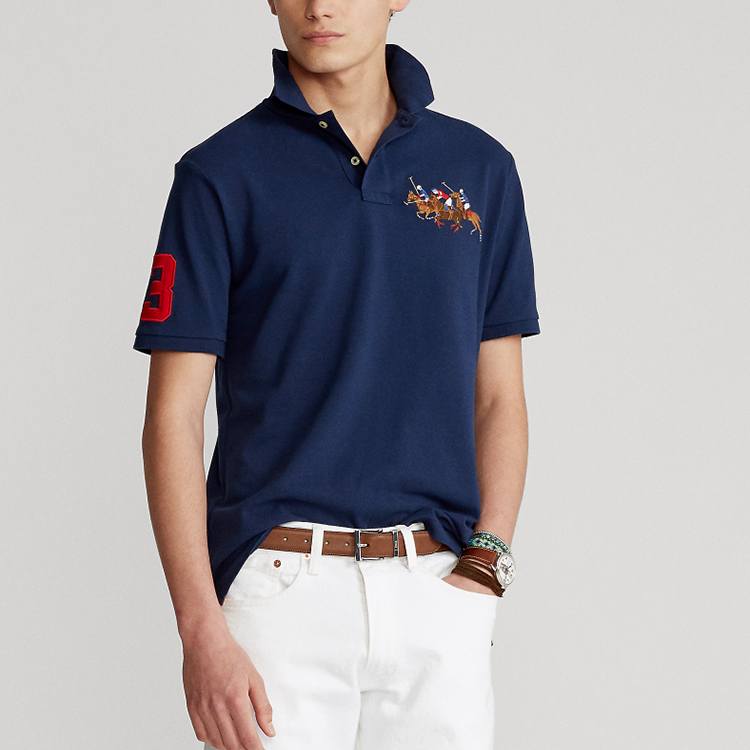 Purchase Polo Ralph Lauren SS22  Navy Blue Three Pony Logo Short Sleeve Polo Shirt MNPOKNI1N821007-410