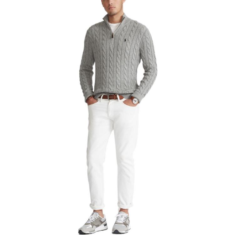 Shop Polo Ralph Lauren SS22 灰色刺繡標誌半拉鍊針織毛衣 MNPOSWE16820447-020