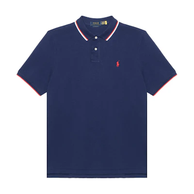 Polo Ralph Lauren SS22 Navy Stripe Trim Logo Embroidered Short Sleeve Polo Shirt Men 710842621003NAVY
