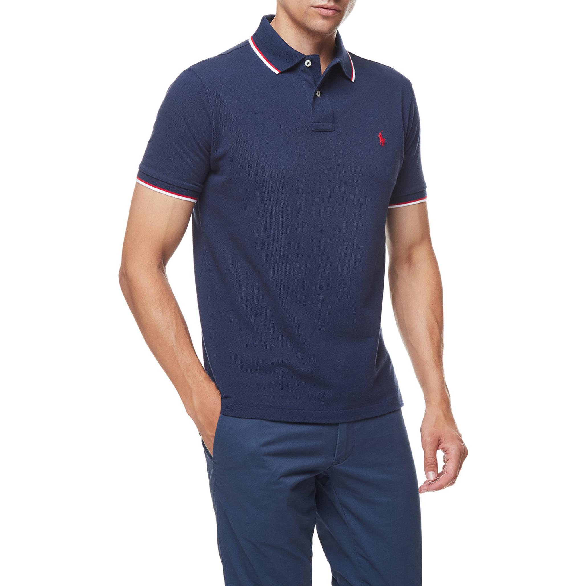 Shop ポロラルフローレン SS22 ネイビーストライプロゴ刺繍半袖ポロシャツ メンズ 710842621003NAVY