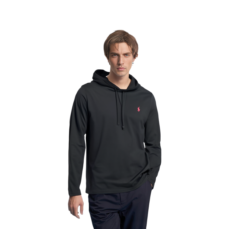 Lookbook Polo Ralph Lauren SS23 黑色連帽衫，繡有純色標誌。 710847203-001