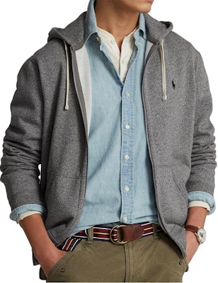 Polo Ralph Lauren SS23 灰色刺绣标志拉链连帽衫配抽绳。 710625887-001 Lookbook Polo Ralph Lauren SS23 灰色刺绣标志拉链连帽衫配抽绳。 710625887-001