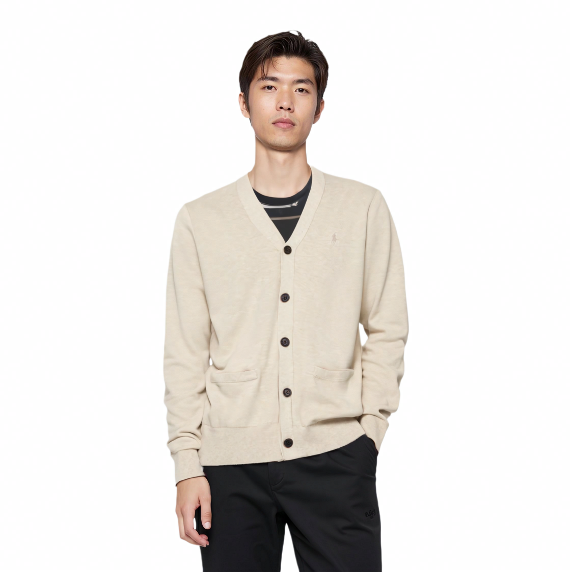 Shop Polo Ralph Lauren SS23 米色V領針織開衫 小馬刺繡標誌 MNPOSWE16820609-101