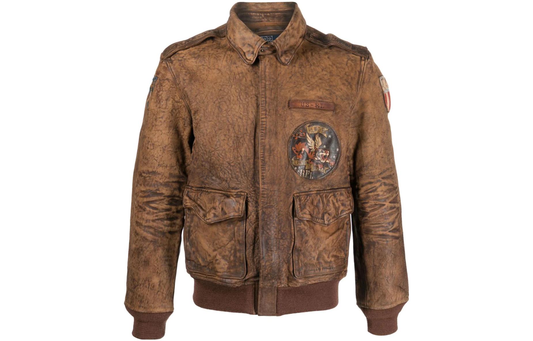 Polo Ralph Lauren SS23 Faded Leather Aviator Jacket Mens Rust Brown. 710901765-001