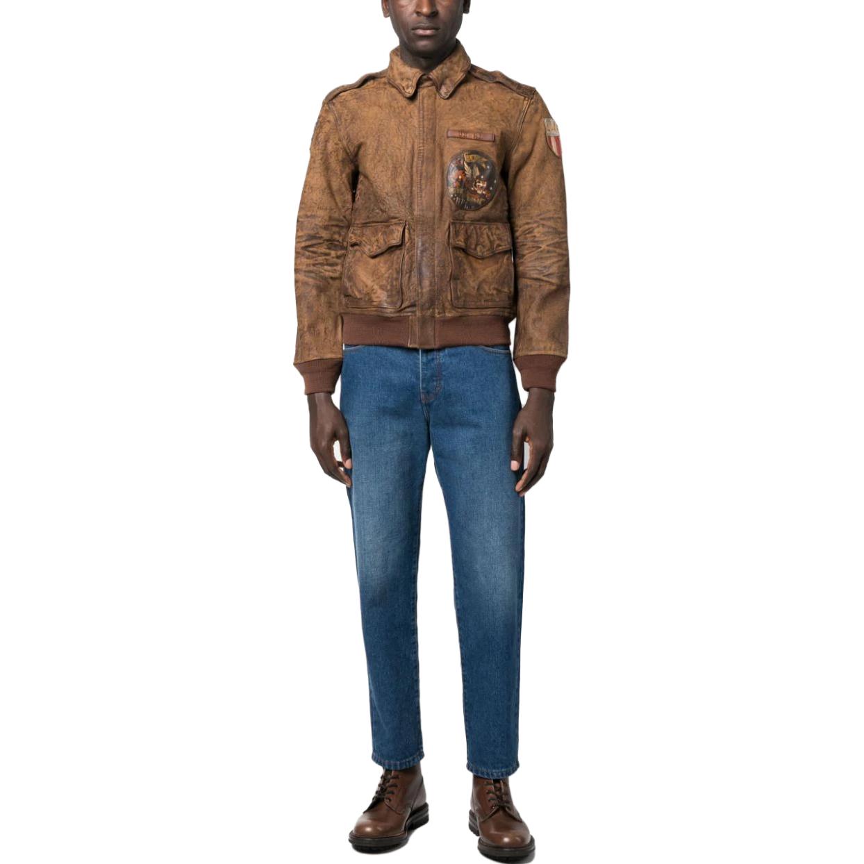 Lookbook Polo Ralph Lauren SS23 男士褪色皮革飞行员夹克锈棕色. 710901765-001