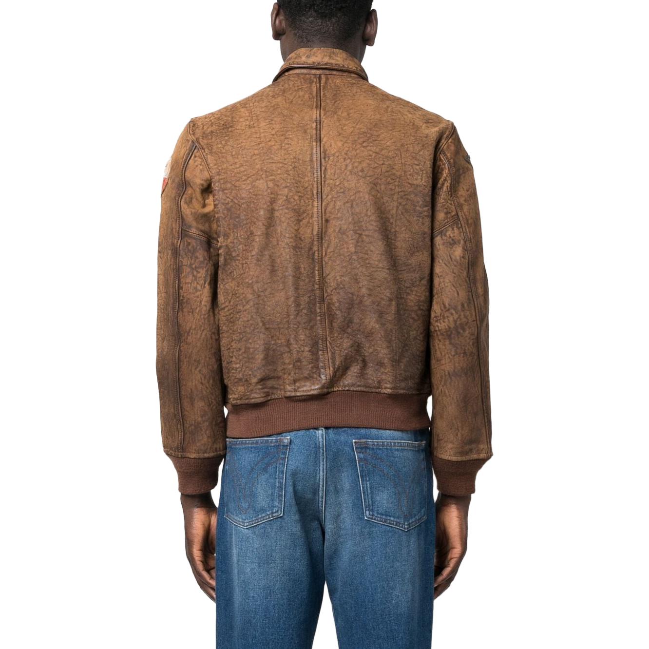 Shop Polo Ralph Lauren SS23 男士褪色皮革飞行员夹克锈棕色. 710901765-001