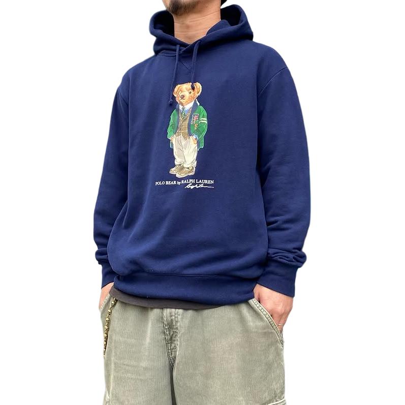 Shop Polo Ralph Lauren 2023海军蓝小熊图案抓绒连帽衫 MNPOKNI16810693B82