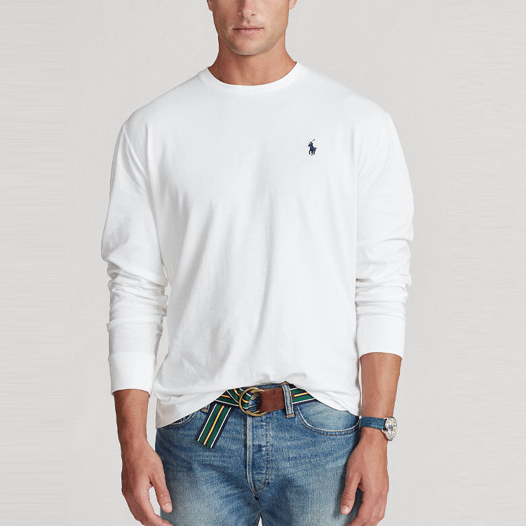 Shop 폴로 랄프로렌 SS23 솔리드 크루넥 긴팔 티셔츠 화이트 710627433-009