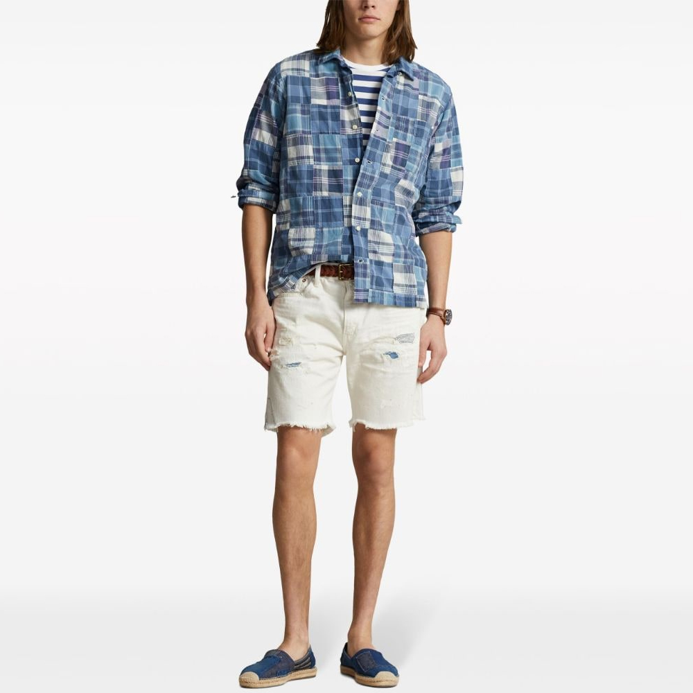 Lookbook Polo Ralph Lauren Kemeja Panjang Kotak-Kotak Biru SS24 dengan Kancing Tertutup. 710934692-001