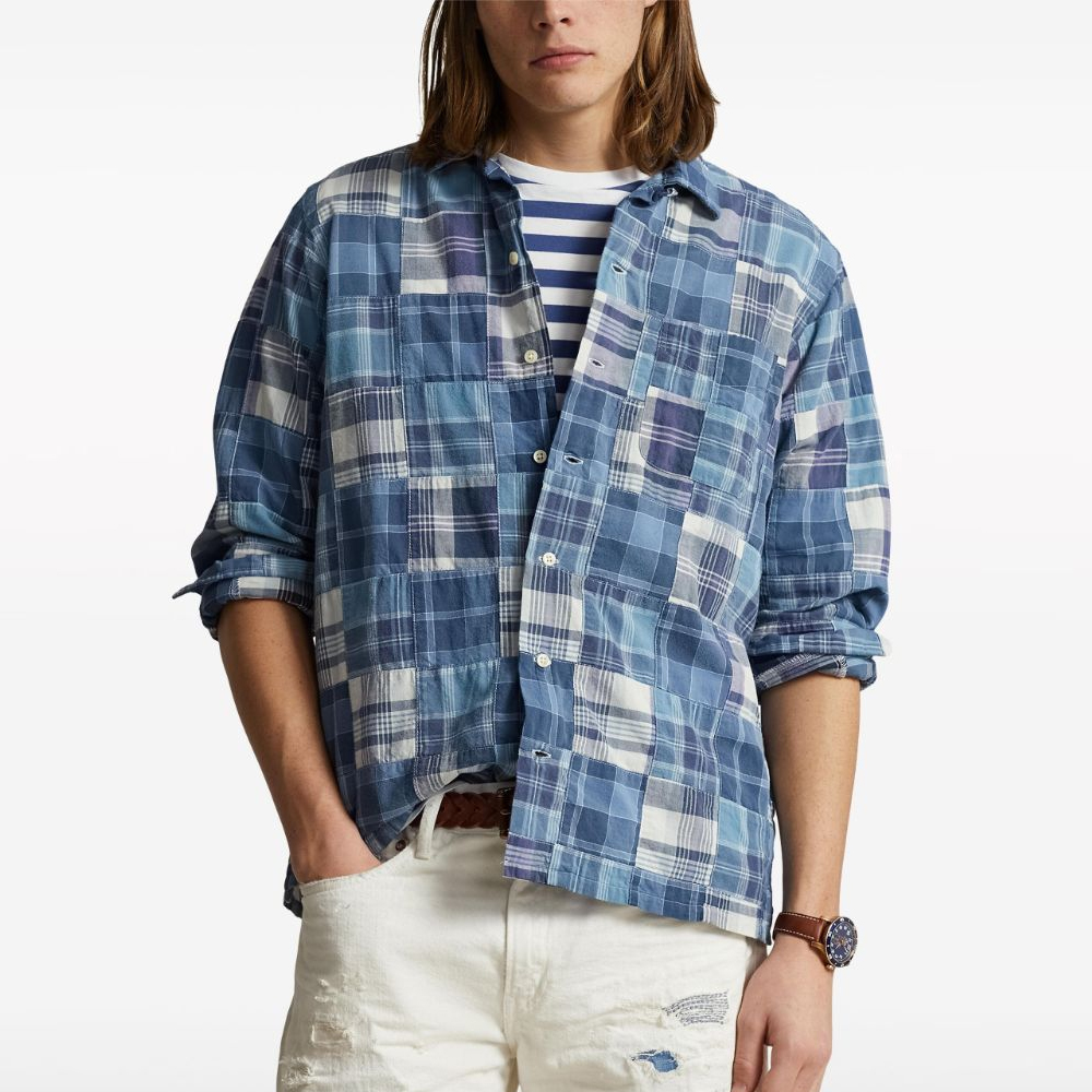 Shop Polo Ralph Lauren Kemeja Panjang Kotak-Kotak Biru SS24 dengan Kancing Tertutup. 710934692-001