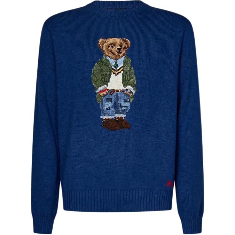 Polo Ralph Lauren SS24  Slim Fit Blue Knit Sweater with Animal Embroidery. 710934020-001