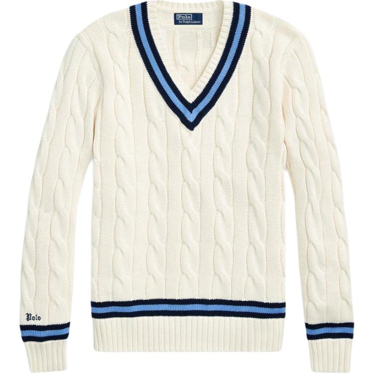 Polo Ralph Lauren SS24  Striped V-Neck Knit Pullover Cream Sweater. MNPOSWE16821456-101