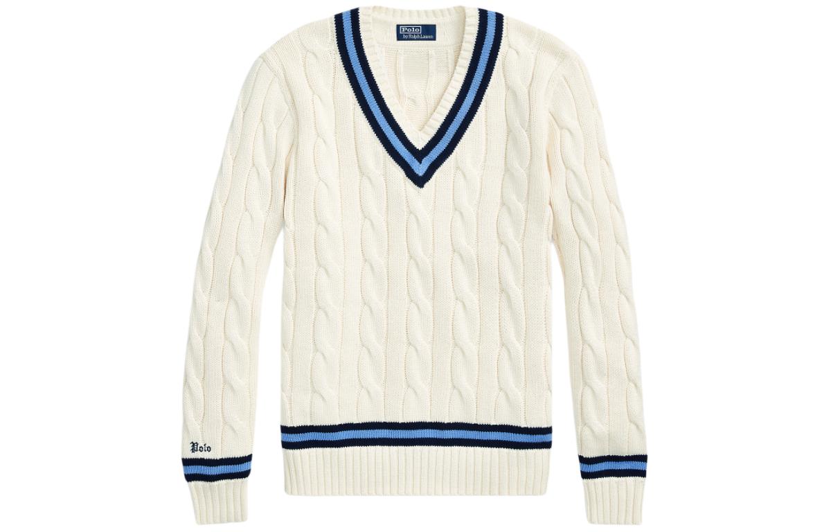 Order Polo Ralph Lauren SS24 Sweater Rajut V-Neck Garis Cream. MNPOSWE16821456-101