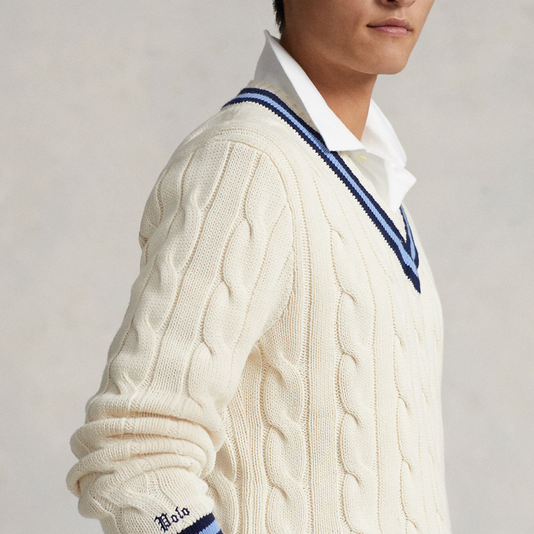 Details for Polo Ralph Lauren SS24 Sweater Rajut V-Neck Garis Cream. MNPOSWE16821456-101