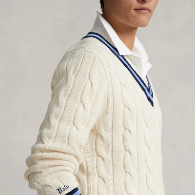 Polo Ralph Lauren SS24 Sweater Rajut V-Neck Garis Cream. MNPOSWE16821456-101 Details for Polo Ralph Lauren SS24 Sweater Rajut V-Neck Garis Cream. MNPOSWE16821456-101