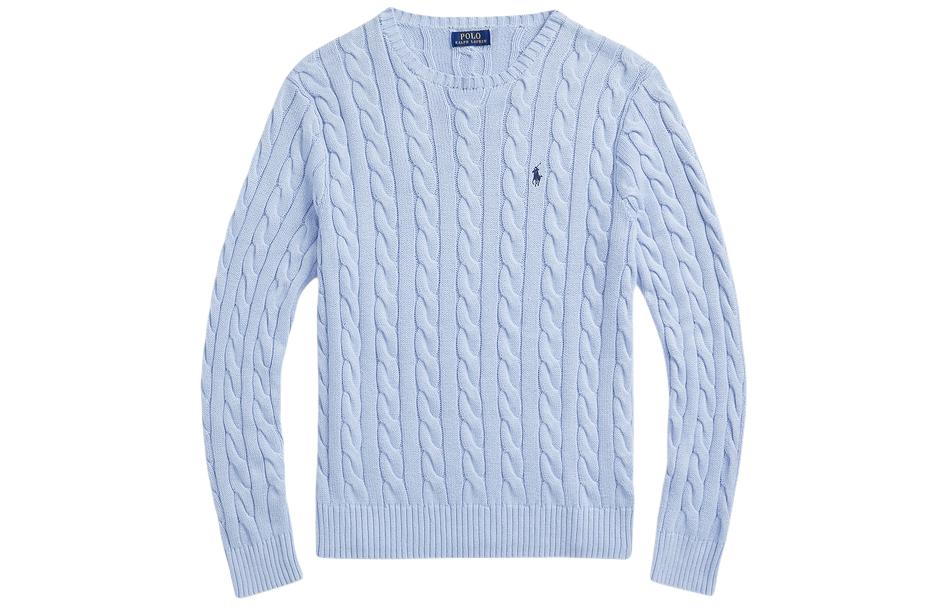 Polo Ralph Lauren SS24 Logo Embroidered Cable Knit Crewneck Sweater Men Hyacinth Blue MNPOSWE16821848-400