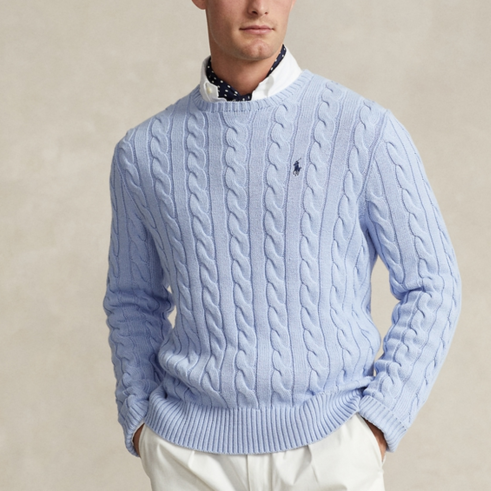 Polo Ralph Lauren SS24 Logo Embroidered Cable Knit Crewneck Sweater Men Hyacinth Blue MNPOSWE16821848-400 圖 4