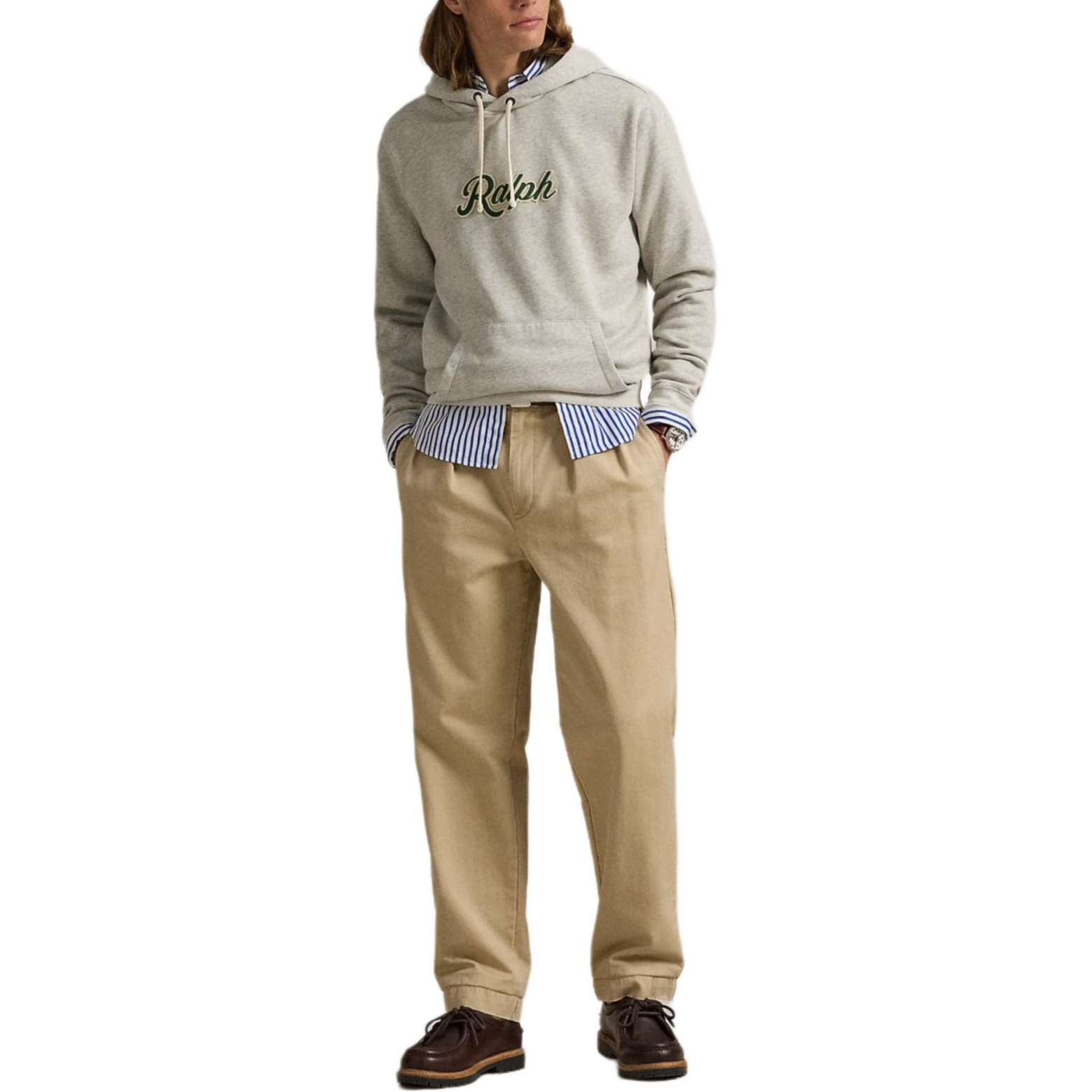 Lookbook Polo Ralph Lauren SS24 徽標印花連帽衫 淺灰色長袖上衣 MNPOKNI16823757-020