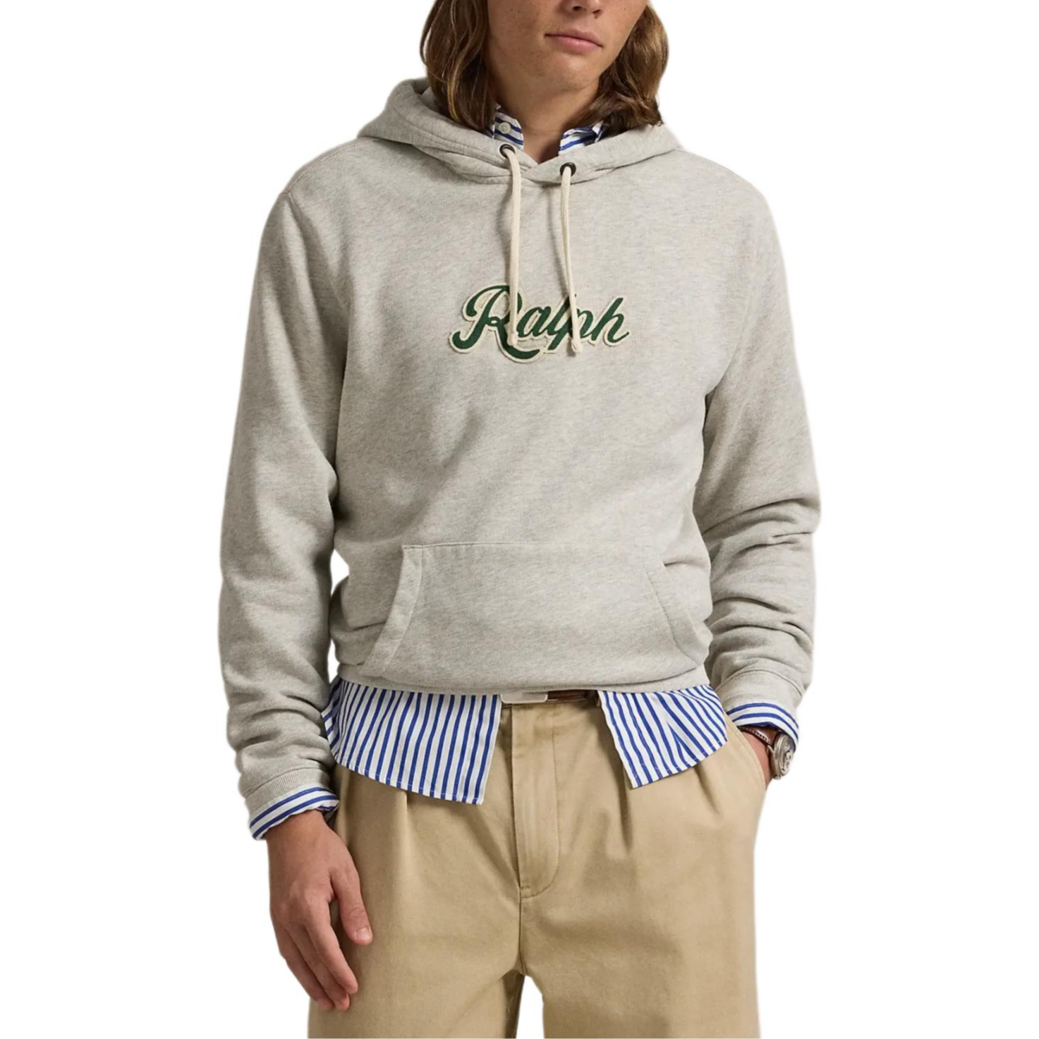 Shop Polo Ralph Lauren SS24 徽標印花連帽衫 淺灰色長袖上衣 MNPOKNI16823757-020