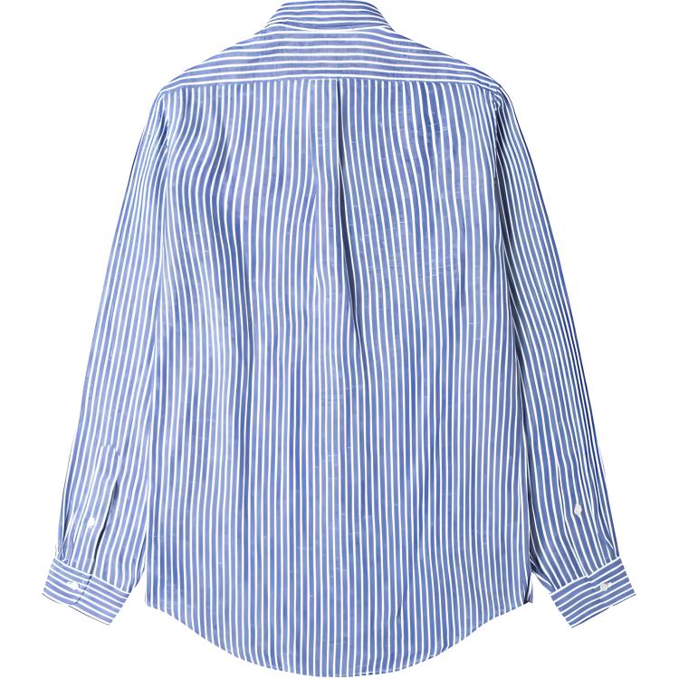 Lookbook Polo Ralph Lauren 男士蓝色刺绣条纹徽标长袖休闲衬衫 SS24款式。 710634467-001