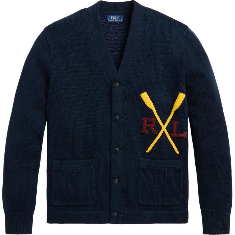 Polo Ralph Lauren SS24 Navy Blue Logo Embroidered V-Neck Knit Cardigan Men. 710941118-001