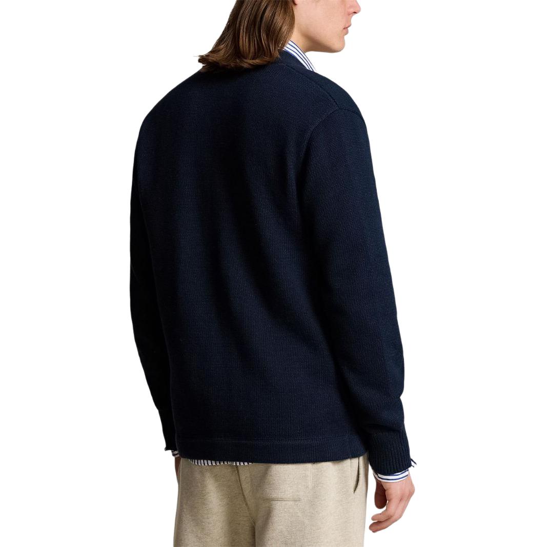 Shop Polo Ralph Lauren SS24 海军蓝刺绣标志V领针织开衫男款 710941118-001